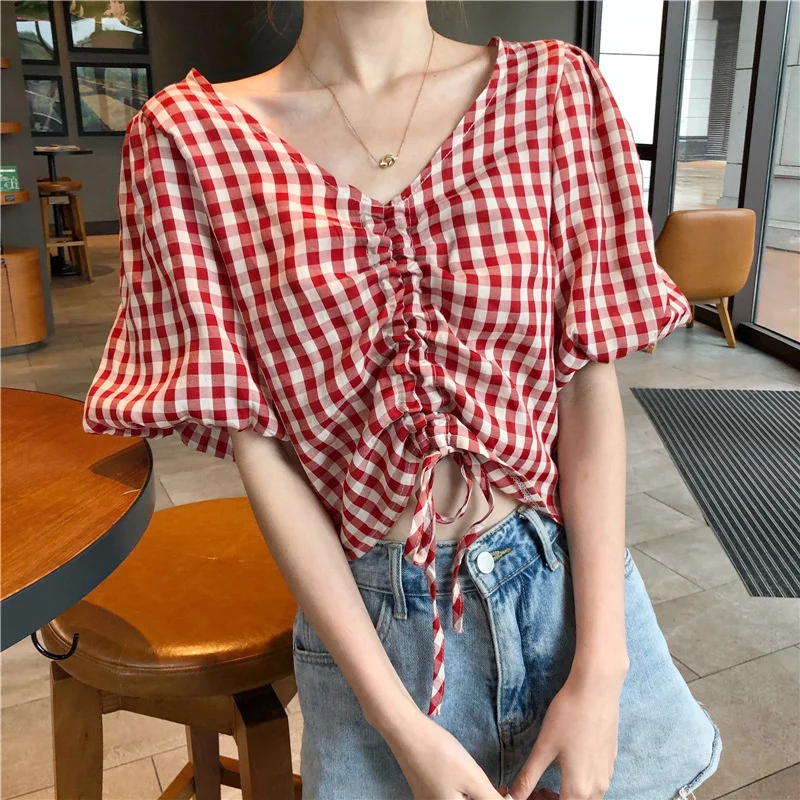 

2023 New Pattern Summer V-neck Shrinkage Drawstring Personality T-shirt Loose And Thin Bottom Women's Top QEM9