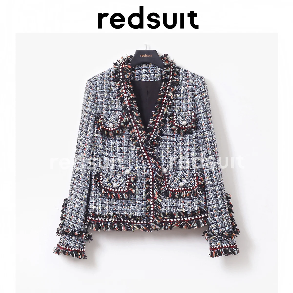 

Элегантный, знаменитости, тонкий V-образный вырез, небольшой ароматный пиджак, грубой твидовый с бахромой тканый универсальный топ, новинка