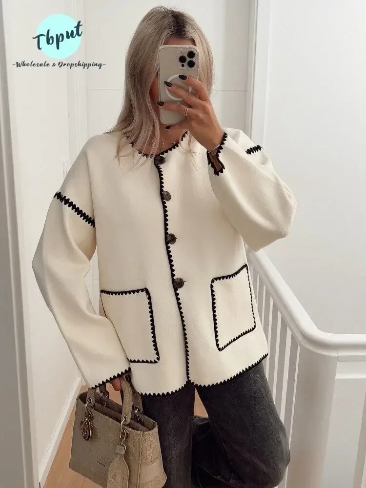 

Women Patchwork Pocket Long Sleeve Knit Coat Lady Fashion Single Breasted Cardigan Coats Autumn Winter Female Warm Street Jacket