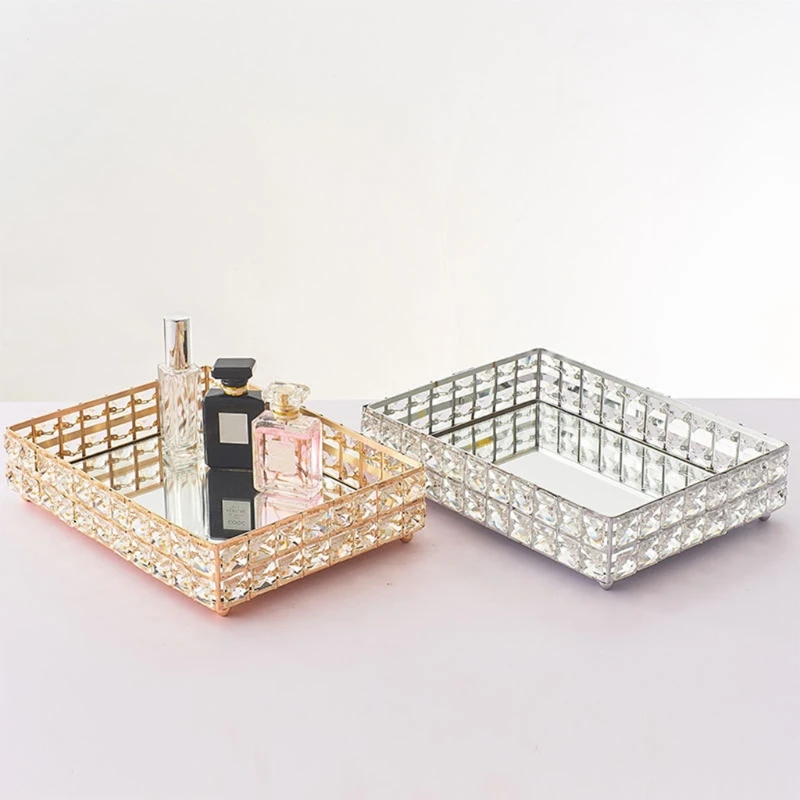 

Make up Tray,Crystal Cosmetic Organizer Tray for Wedding Home Vanity Decorating, Fruit Cake Candle Candy Jewelry Tray