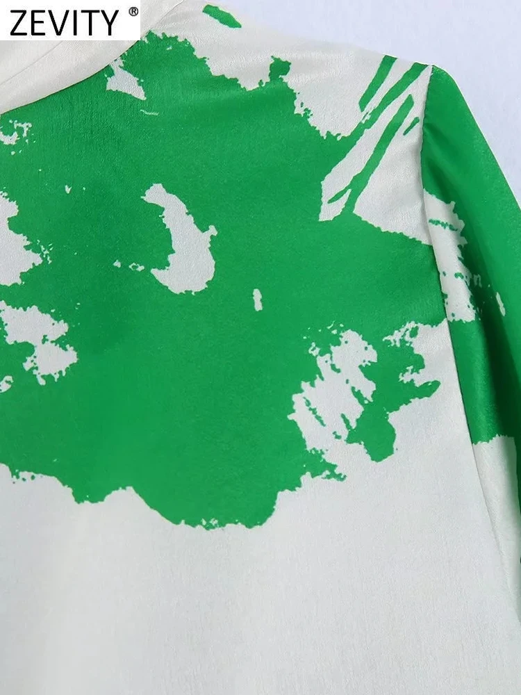 Zevity Женская мода ворсовый Воротник Плиссированные зеленые листья принт атласная