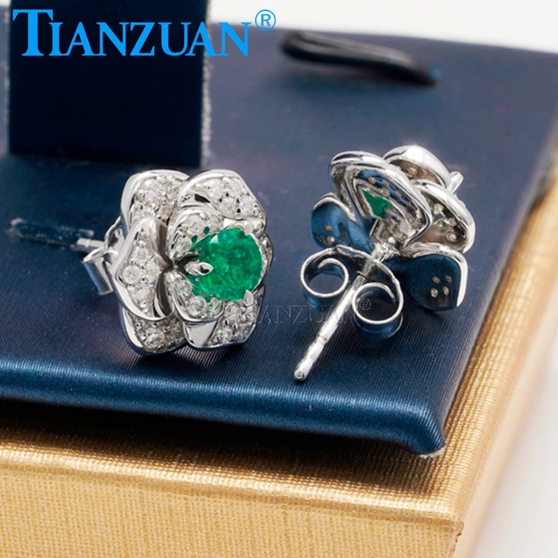 925 Sterling Silver Flower Stud Earrings 4mm Emeralds Earrings for Women Gifts Fine Wedding Party Jewelry Accessories