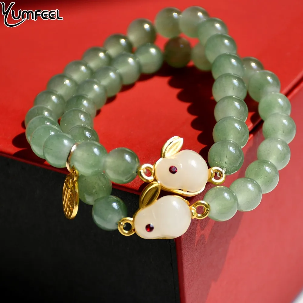 

Yumfeel Green Natural Stone Beaded Rabbit Bracelet 2023 Women Birthday Gift Fashion Animal Pendant Jewelry