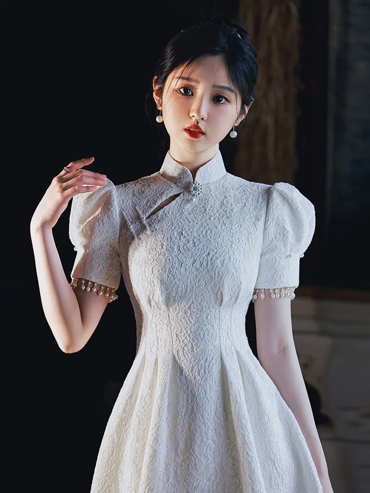 Elegant Mandarin Collar Puff Sleeve Beaded Tassel Back Zipper Gowns Party Banquet Female Stage Show Dresses Cheongsam