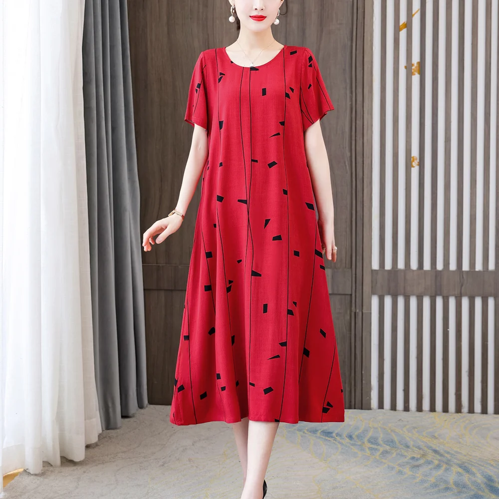 

2023 New Hot Casual Vintage Summer Dress Plus Size Dresses Vestido Print Natural Regular Short Sleeve O-neck Cotton Women Clothi