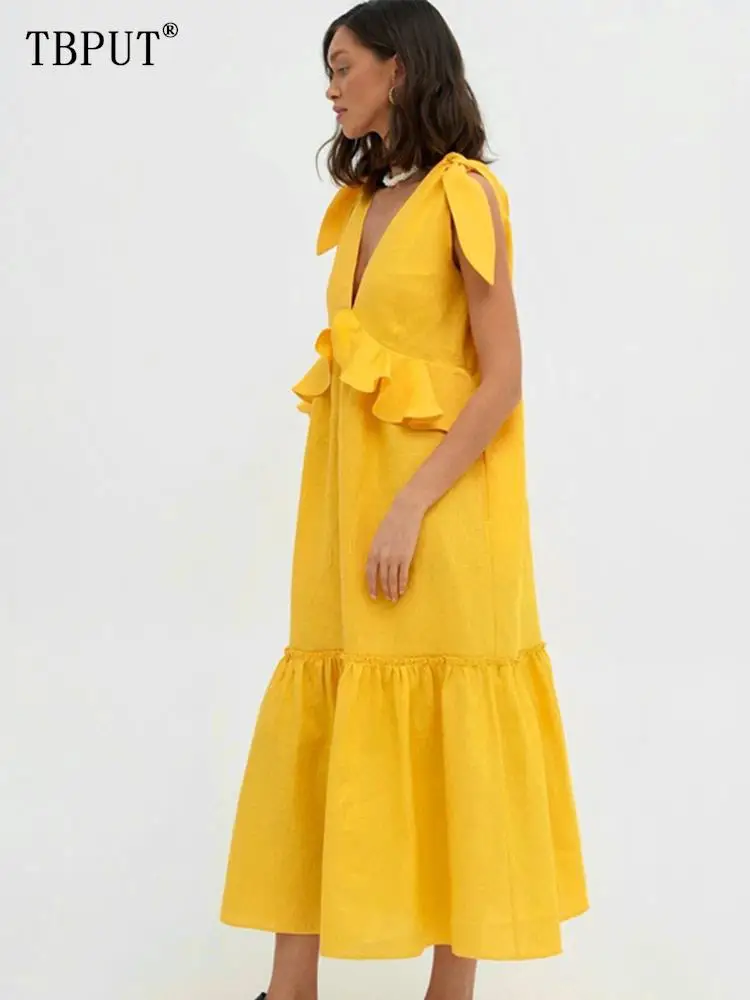 

Solid Loose Women's Tierred Vestidos Chic Sleeveless V-neck Mini Dresses 2023 Summer Female Sexy Fashion Knitted Casual Robes