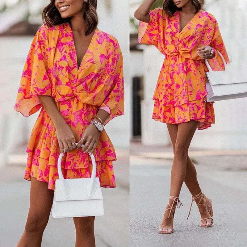 

Women Sexy V-neck Mini Dresses Summer Boho Casual Floral Print Batwing Sleeve Dresses Female Ruffle Beach Party Dress Vestidos