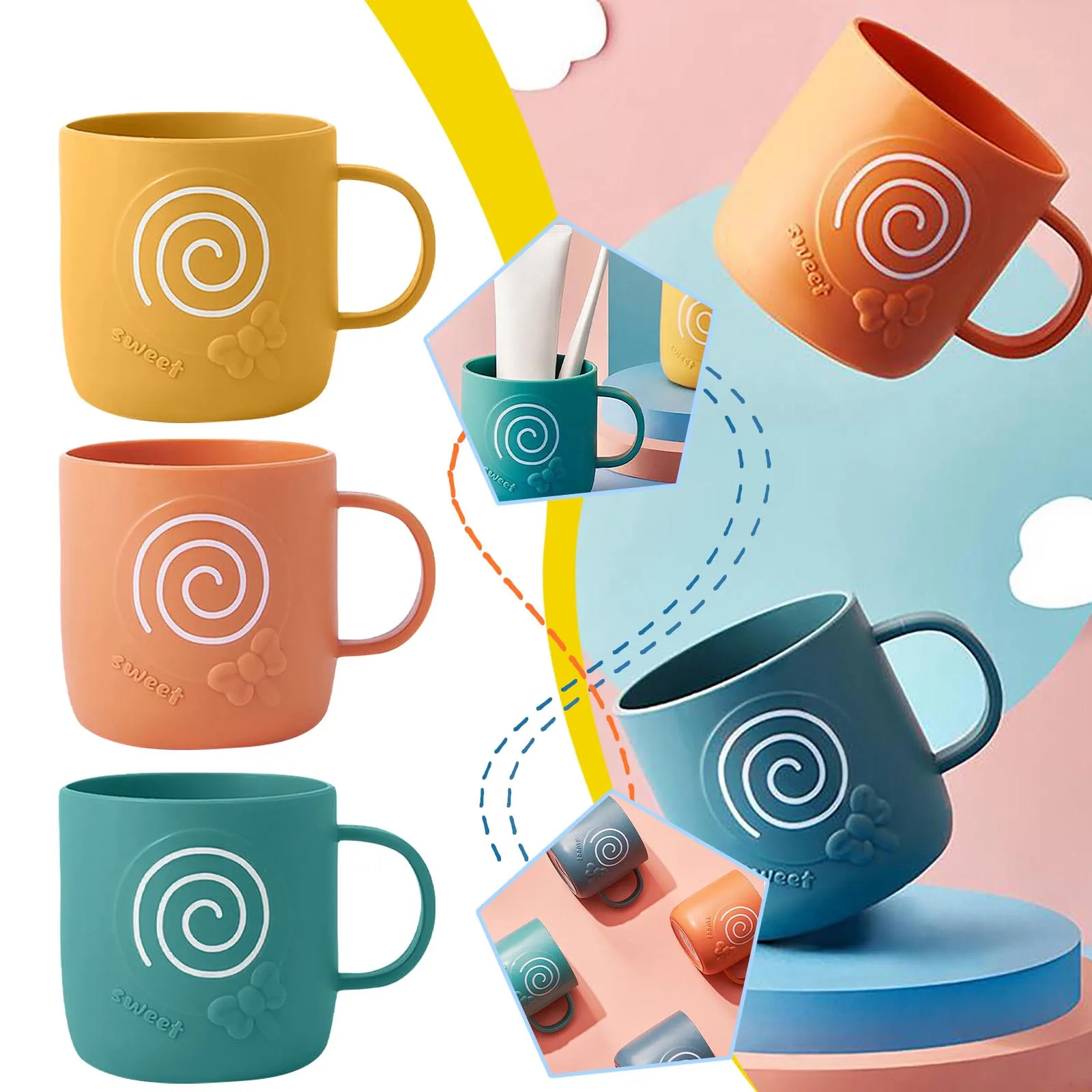 

Creative Style Household Plastic Cups With Handles Thick Drop Resistant Bottle cartoon children drinking Cup gargle Cup