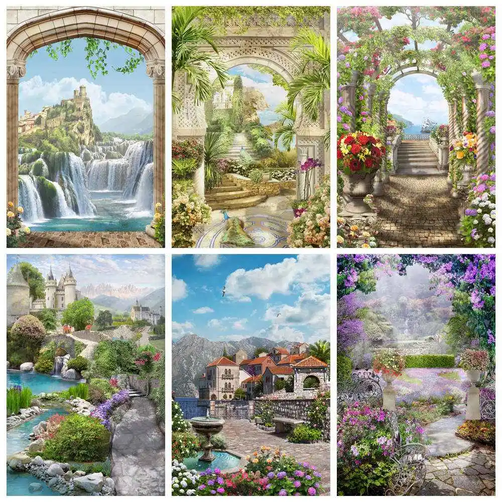 

Rural Garden Park Backdrop Photography Stand Birthday Decoration Mountain Waterfall Castle Flower Custom Studio Photo Background