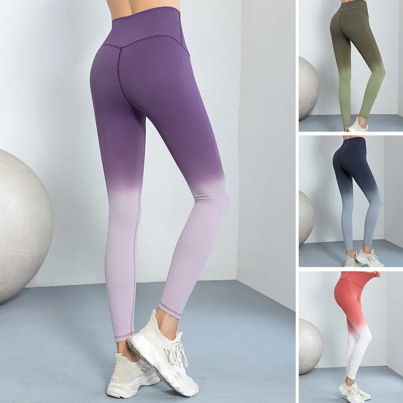 

Sports yoga pants with double-sided matte gradient color peach buttocks, high waist, no marks, one piece T-line fitness pants