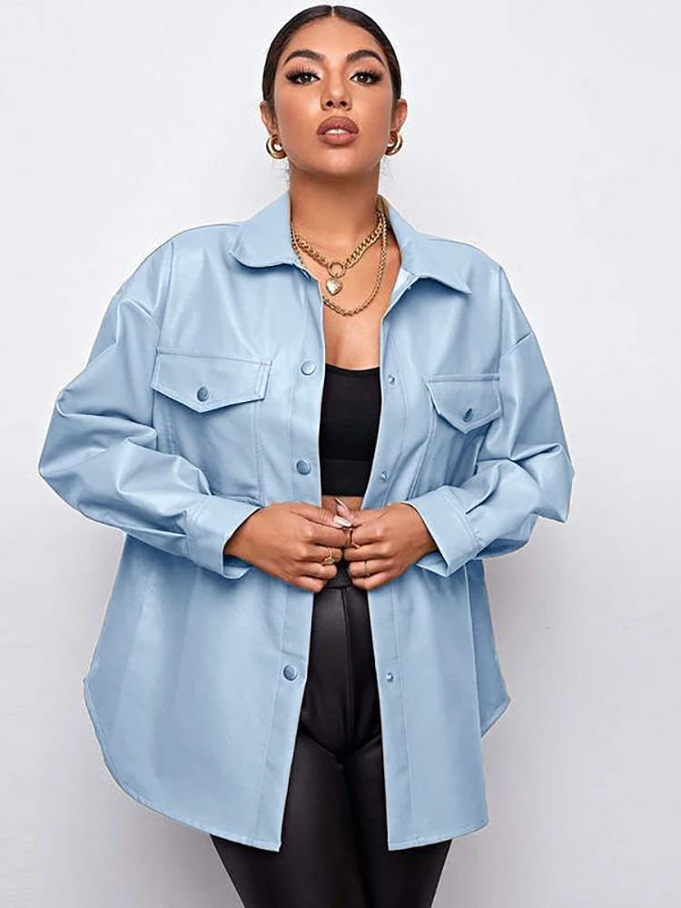 Autumn Faux Leather Shirt Jacket Women Moto Biker Jacket Casual Button Long Pu Leather Coats Ladies Loose Black Streetwear 2022