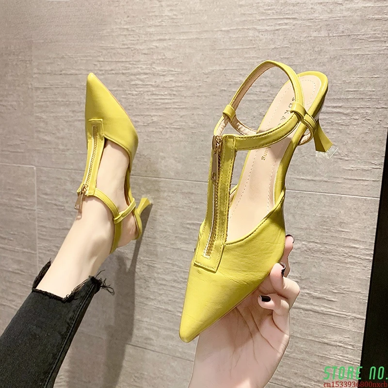 

Sexy 2021 Women Sandals Summer Ladies Casual Shoes Sandals Pointed Toe Fashion Zipper Thin Heels Slingback Zapatillas Mujer Casa