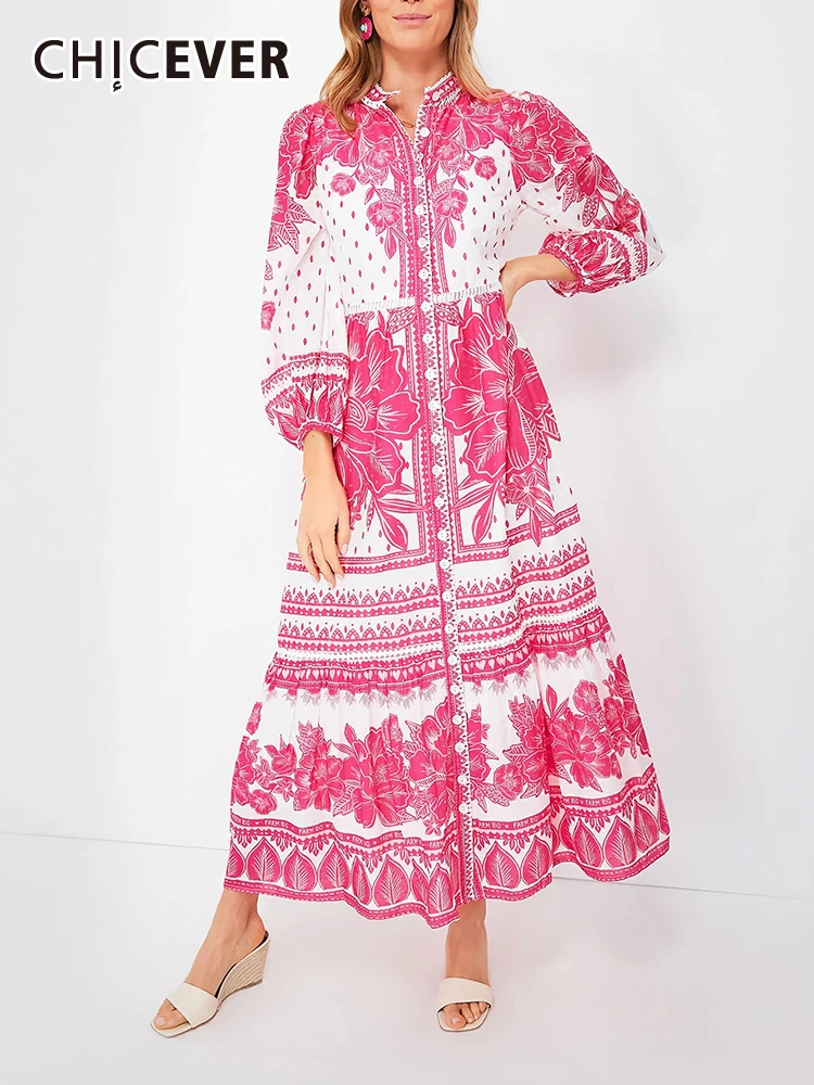 

CHICEVER Hit Color Printing Dresses For Women Stand Collar Lantern Sleeve High Waist Folds Single Breasted Casual Dress Female