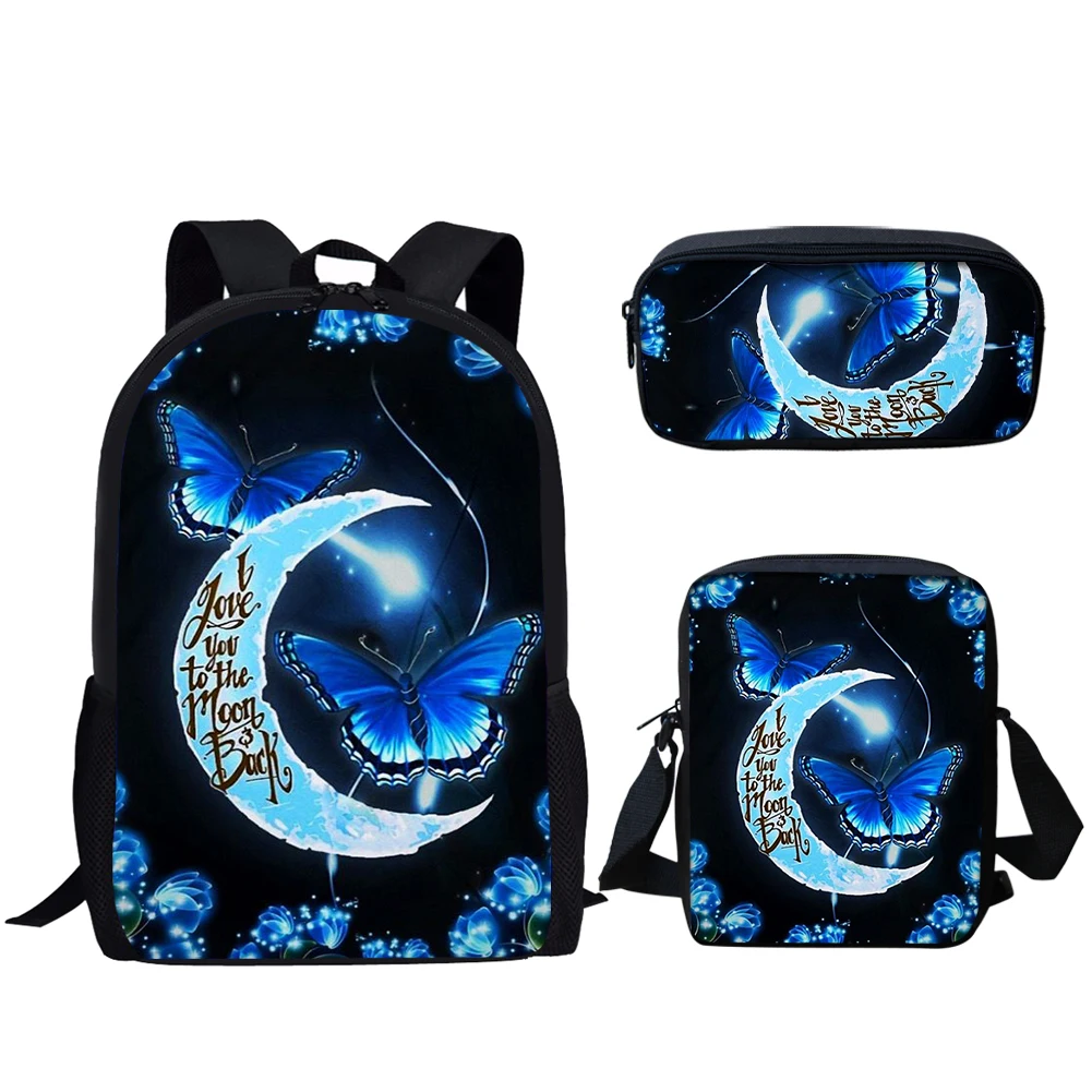 Belidome Blue Butterfly Moon Print 3Set School Bags for Teen Girls Casual Backpack Primary Student Back to School Book Bag