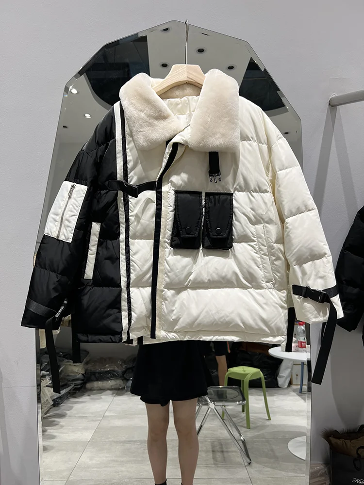 

Thermal Winter New Women's Parka Black White Contrast Color Fashion Chic Street Hipster Big Pocket Safari Style Down Jacket