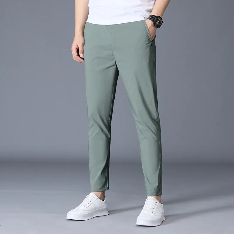 

New Man Silk Chandals Casual Thin Trousers 2021 Clothes Suit Khaki Men Black Length Summer Ankle Pants Formal Korea Ice