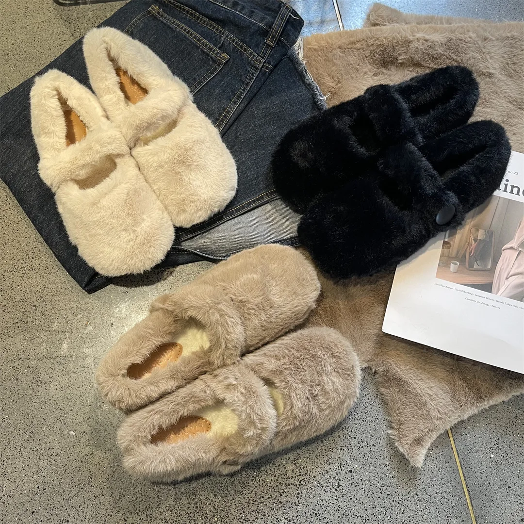 

Белые кроссовки с закрытым носком, лоферы, меховые женские повседневные туфли с круглым носком, новая зимняя однотонная обувь из флока без шнуровки в стиле ретро для отдыха