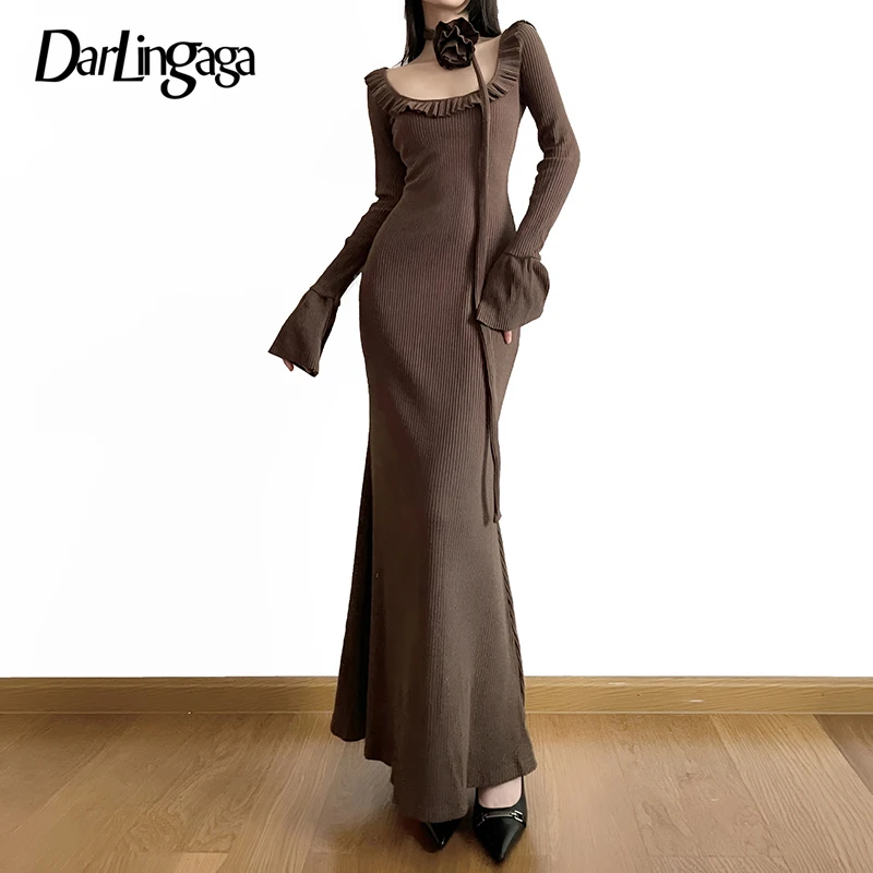 

Darlingaga Vintage Fashion Brown Knit Long Dress Flare Sleeve Solid Elegant Autumn Dress Ruffles Split Korean Slit Fairycore New