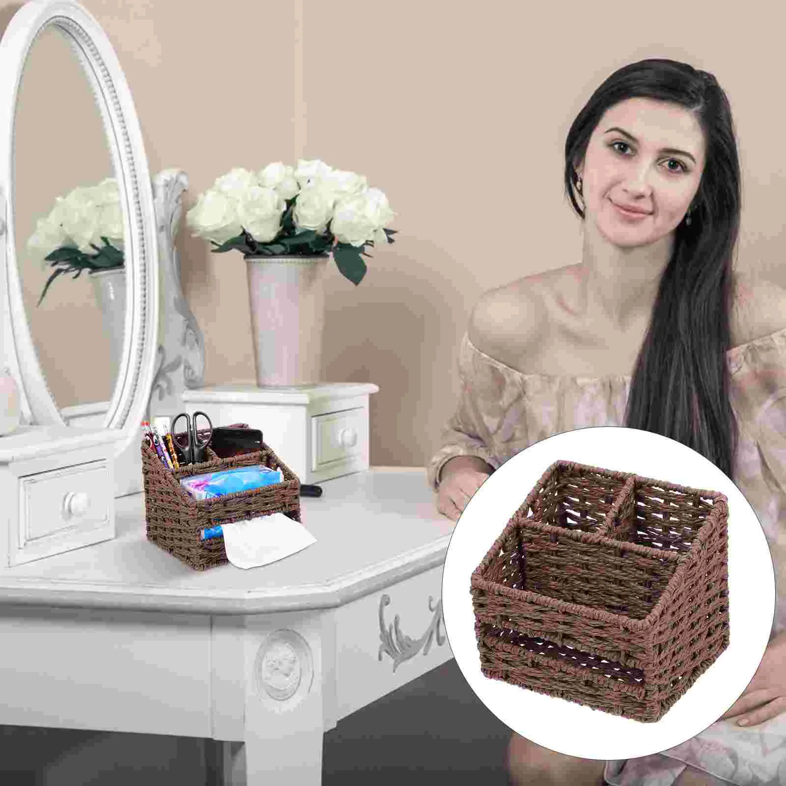 

Straw Storage Box Tissue Remote-control Holder Desktop Organizer Phone Mount Container