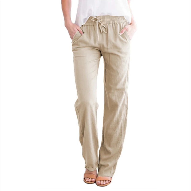 

Летние женские хлопковые льняные широкие брюки на завязках с эластичной резинкой на талии, повседневные свободные длинные брюки с карманом