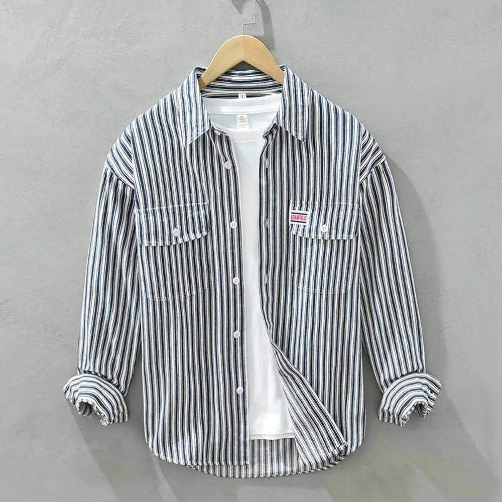 Men Oversized Cotton Stripe Shirt Man Hip Hop Button Up Long Sleeve Shirt Harajuku Clothing Streetwear