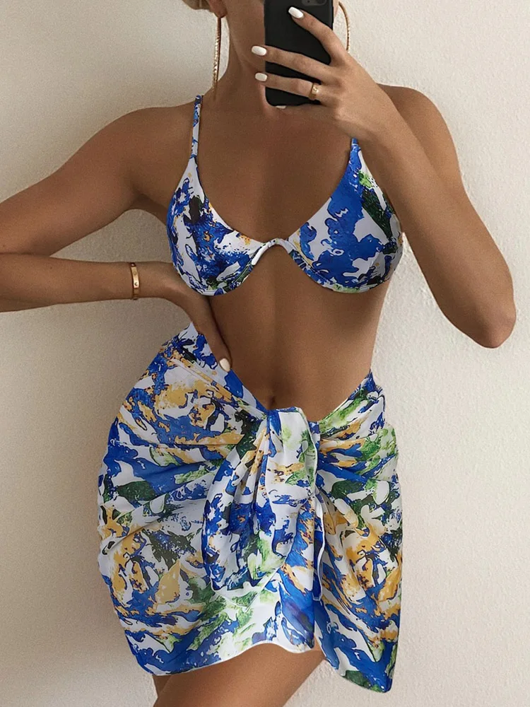 

Fashion Lace-up Backless Push Up Beachwear New Low Cut Underwire Sling Bikini+Skirt Cover Up Set Sexy Print Three Piece Swimwear