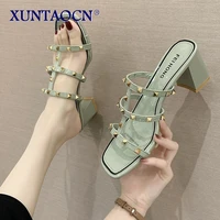 summer 2021 new slippers women rivet sandals women square toe slippers open toe shoes fashion shoes for women sexy high heeled