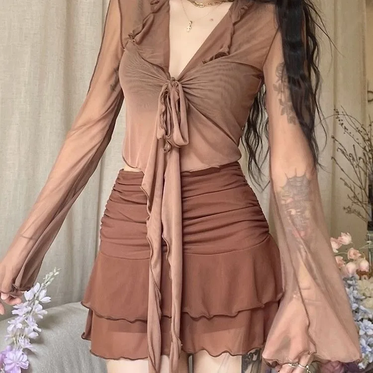 Асимметричные оборки Y2K блузки для женщин летний бандажный кроп-топ с