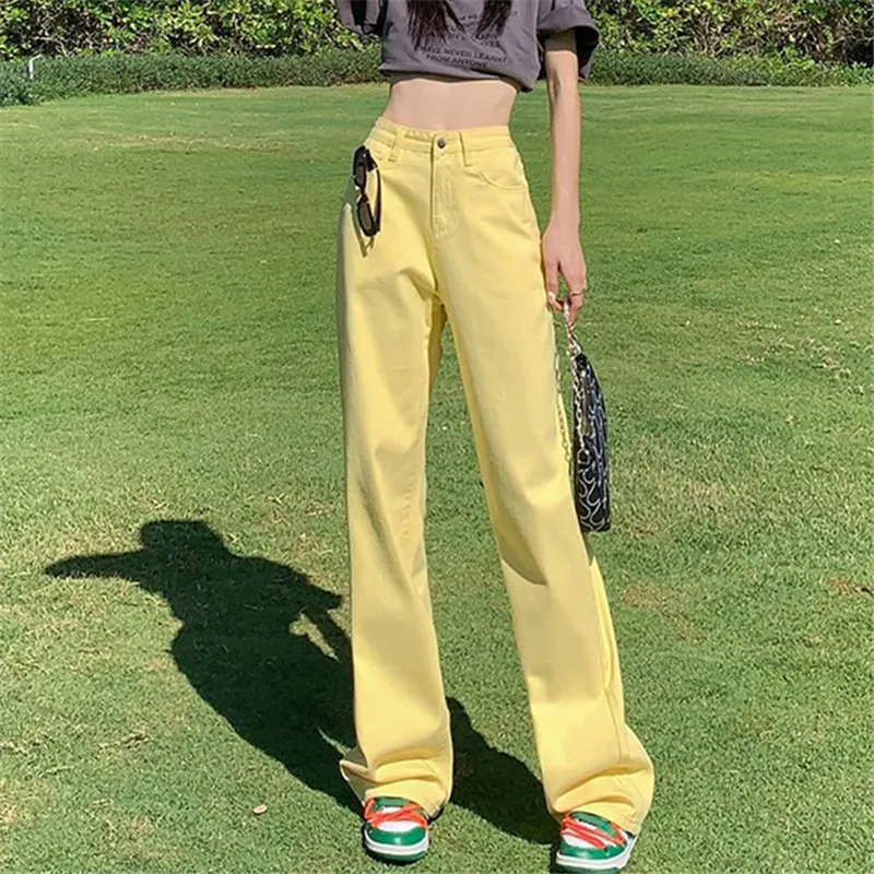 Jeans Women's Solid Color Straight Leg Pants Spring Autumn New High Waist Button Pocket Loose Trousers Casual Female Clothing647