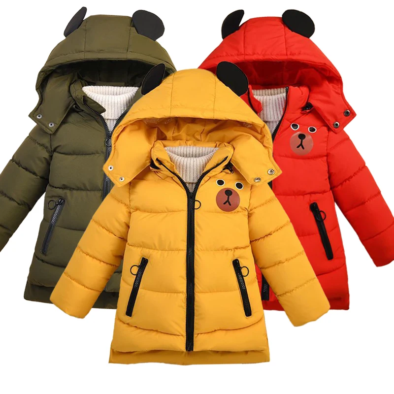 

2023 модная куртка для маленьких мальчиков на осень и зиму, утепленный пуховик с мультяшным медведем и капюшоном для детей, женская верхняя одежда