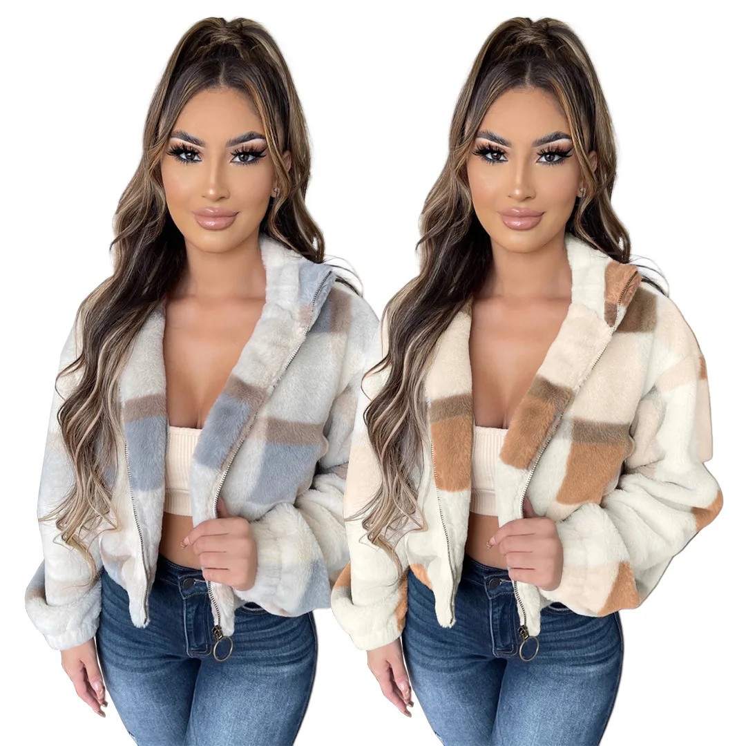 

GL6550 Women's Sexy Jacket Spring and Autumn Women's Super Soft Rabbit Plush Print Nine Palaces Lace Coat Women