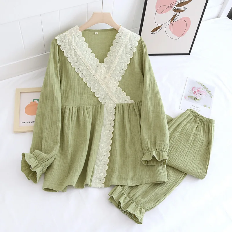 Nightclothing 2 Piece Set Ladies Thin Crepe Cotton Lace V-Neck Crossover Four Seasons Long Sleeve Pullover Seekers Pijamas Women