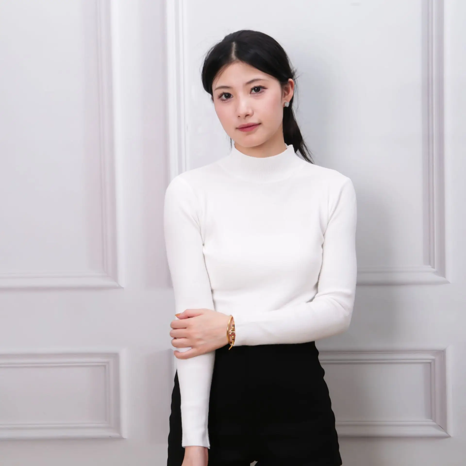

Autumn semi-turtleneck base coat with warm knit sweater autumn winter sweater black