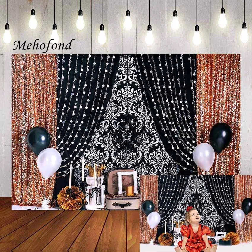 

Фотофон Mehofond розовое золото и черные шторы принцесса девушка 1-й день рождения торт разбивать Фотостудия