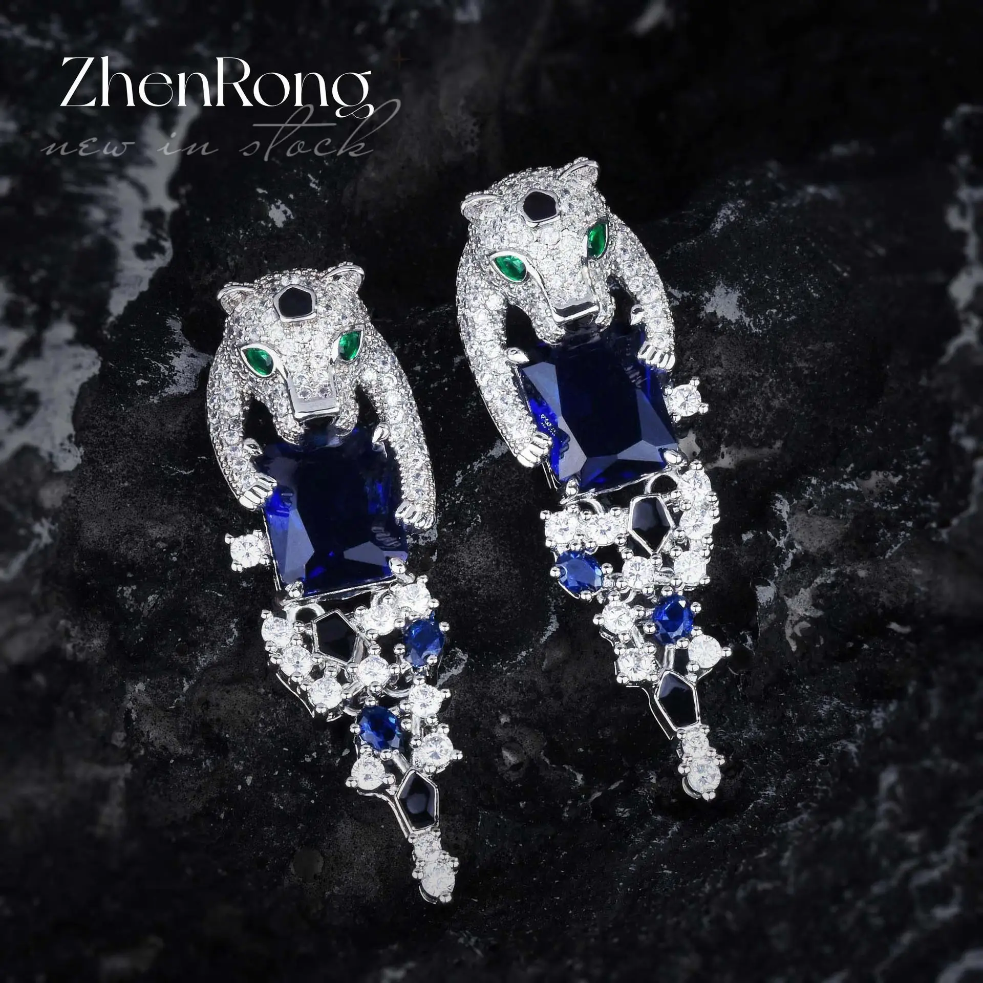 Luxury Silver Color Earrings For Women Leopard Design Sparkling Blue Cubic Zirconia Dangle Earring New Trendy Fine Jewelry