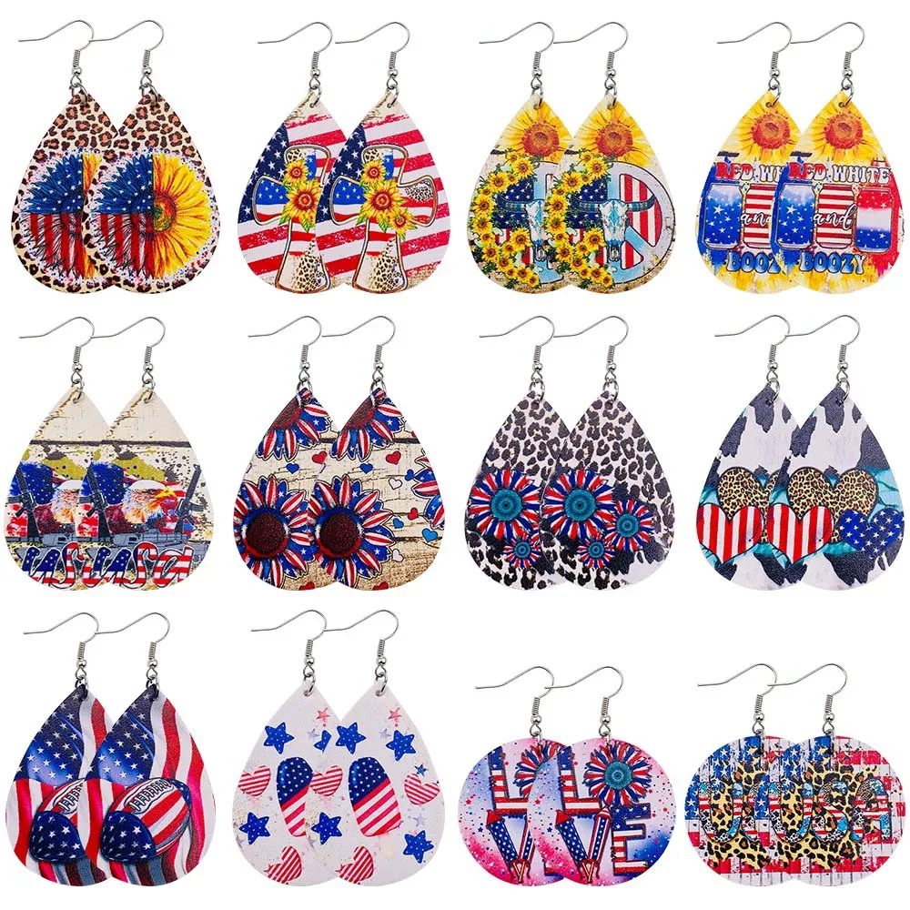 

USA Independence Day Leather Earrings Sunflower American Flag Cross Baseball Printing Jewelry Leather Earrings for Women Jewelry