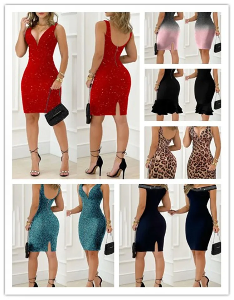 

2022 new women's nightclub sexy deep v-dew backpack hip skirt split dress