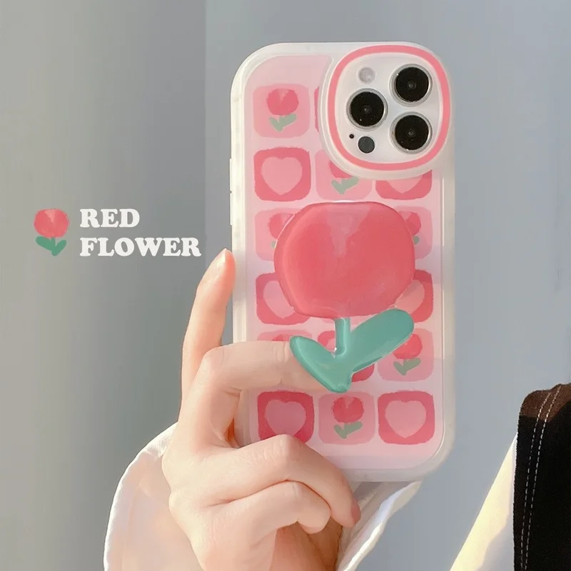 

Japan Korean Pink Lattice Tulip Flower Bracket Soft Phone Case for IPhone 12 7 8 Plus 11 Pro Max XR X XS Max Protective Cover