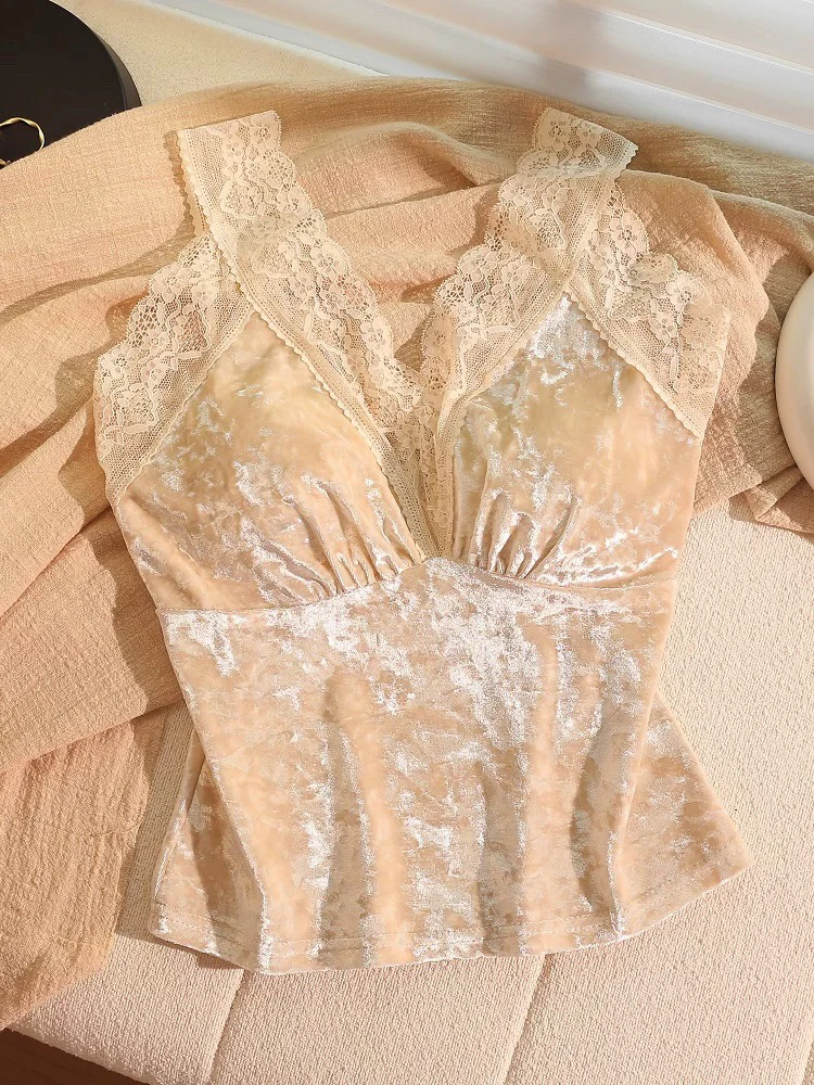 Сексуальная кружевная майка с v-образным вырезом женская осенняя золотая