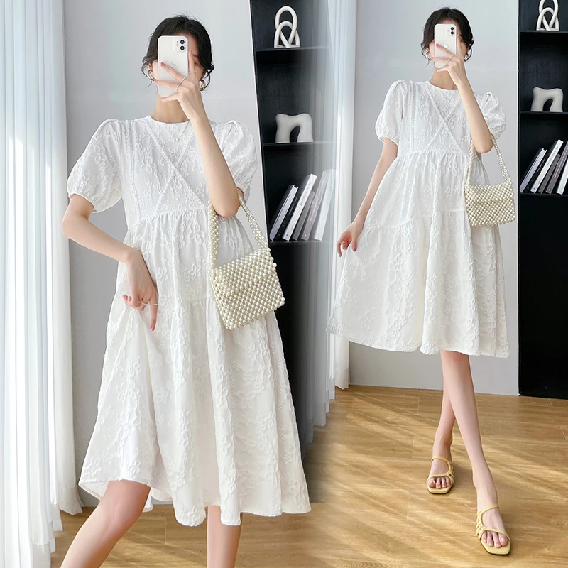 

21# 2022 Summer Korean Fashion Maternity Long Dress Elegant A Line Loose Clothes for Pregnant Women OL Formal Pregnancy Clothing