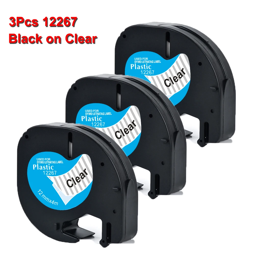 

3Packs 12mm Label Compatible for Dymo LetraTag 91201 12267 91200 Black on Clear Labeling Tape For Dymo LT LT100H Label Printer