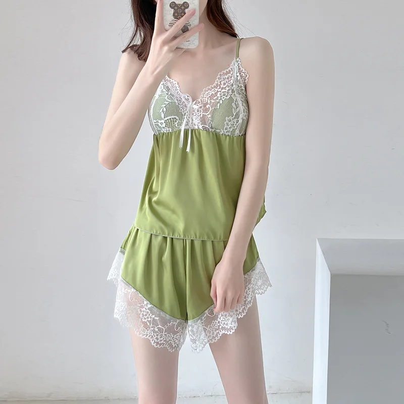 

Summer Pajamas Pour Femme Sleepwear Satin Two Pieces Cami&Shorts Suit Lace Home Wear With Bow Summer Sexy Loungewear Nightgown
