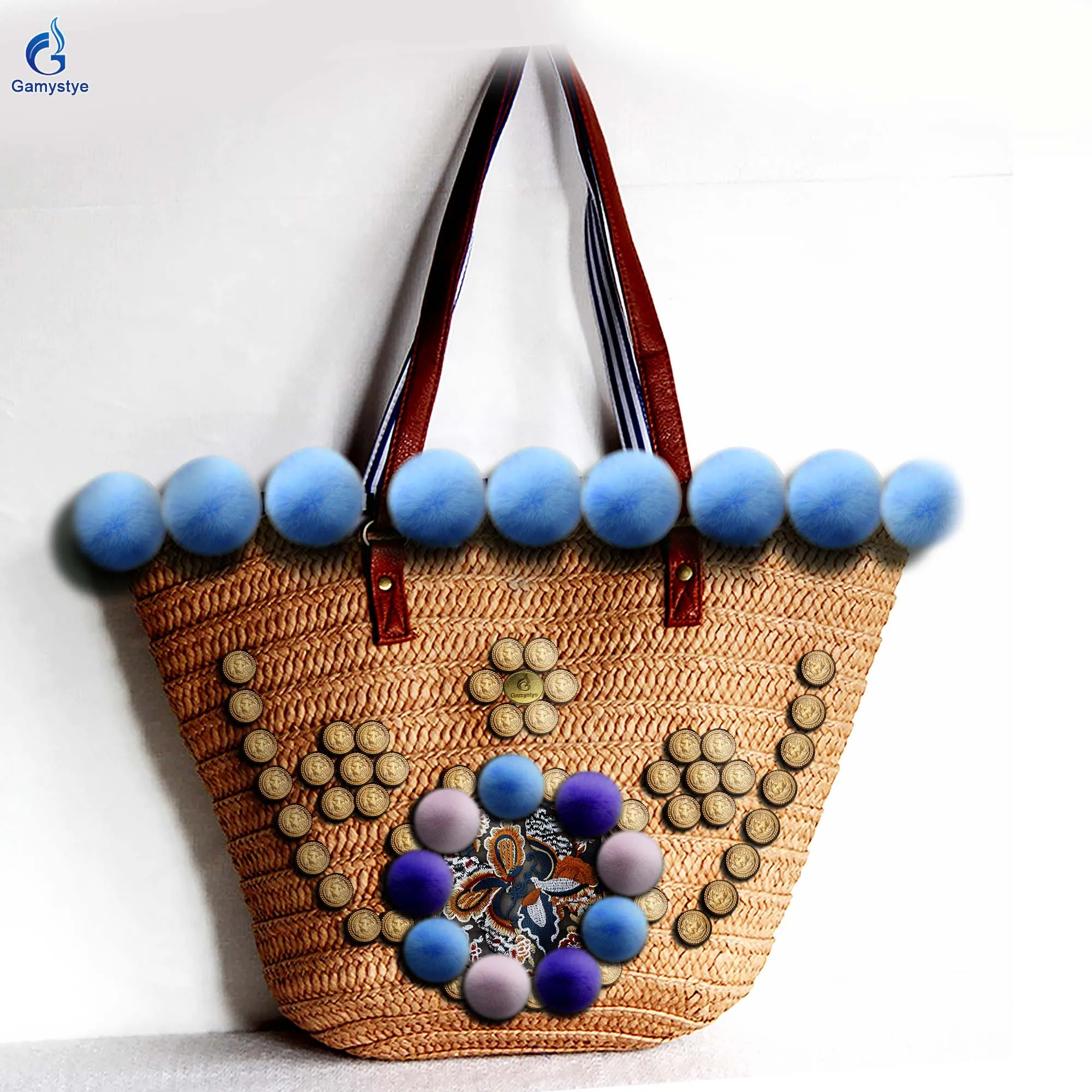 Gamystye New Unique Personality Designer Embroidered Hand Woven Straw Bags Tote Women purses and handbags Straw Rattan Hairballs