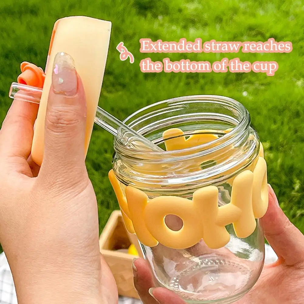 350ml Cute Pearl Chain Glass Straight Drink Straw Water Cup Summer Portable Cup Silicone Holster Twist Lid Glass Water Bottle