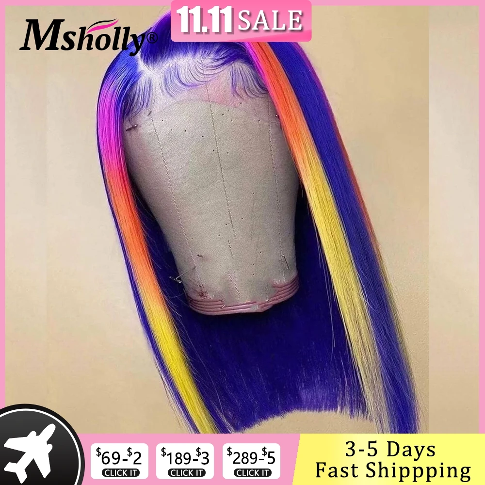 Purple Highlight Wig Rainbow 13x4 Lace Frontal Human Hair Wig 613 Colored Short Bob Wig Lace Front Human Hair Wigs For Women