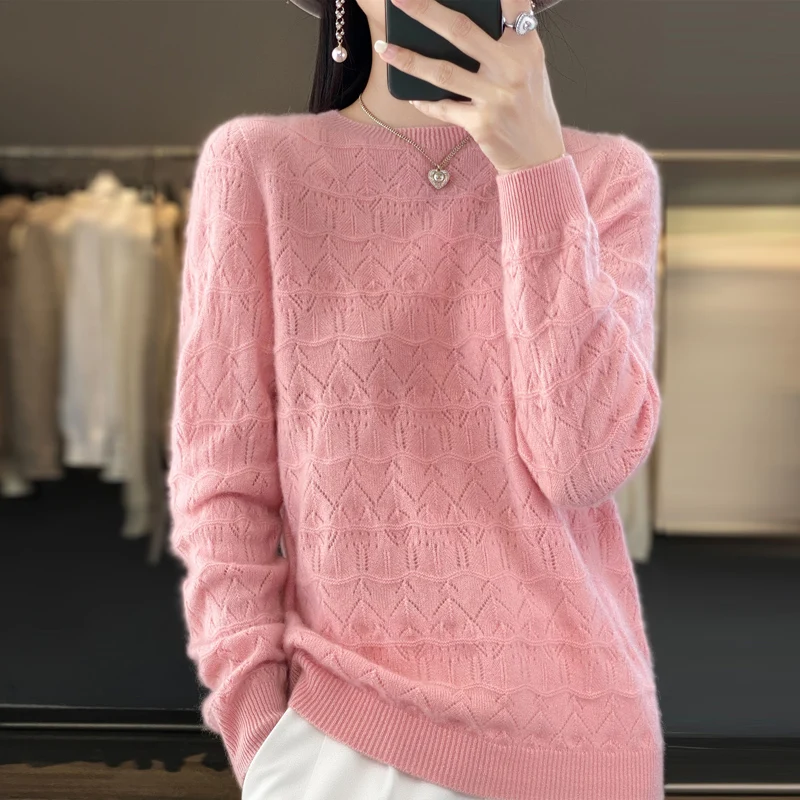 

Hollow Jacquard 100% Pure Wool Sweater Women's Round Neck Pullover Sweater Sweater Solid Color Casual Versatile Cashmere Sweater