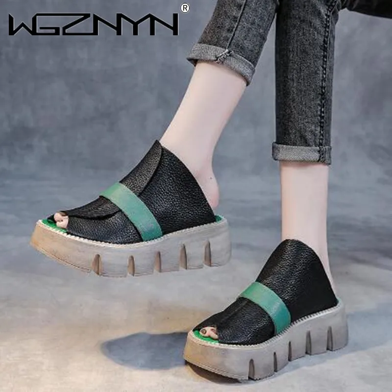 

Hot Genuine PU Leather Non-slip Leisure Summer Retro Shoes Waterproof Peep Toe Med Heels Slip on Flat Platform Outside Slippers