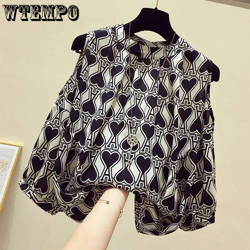 

Off Shoulder Short Sleeve Chiffon Shirt Heart Pattern Chiffon Blouse Women's Casual Top Printed Chiffon Shirt Korean Version