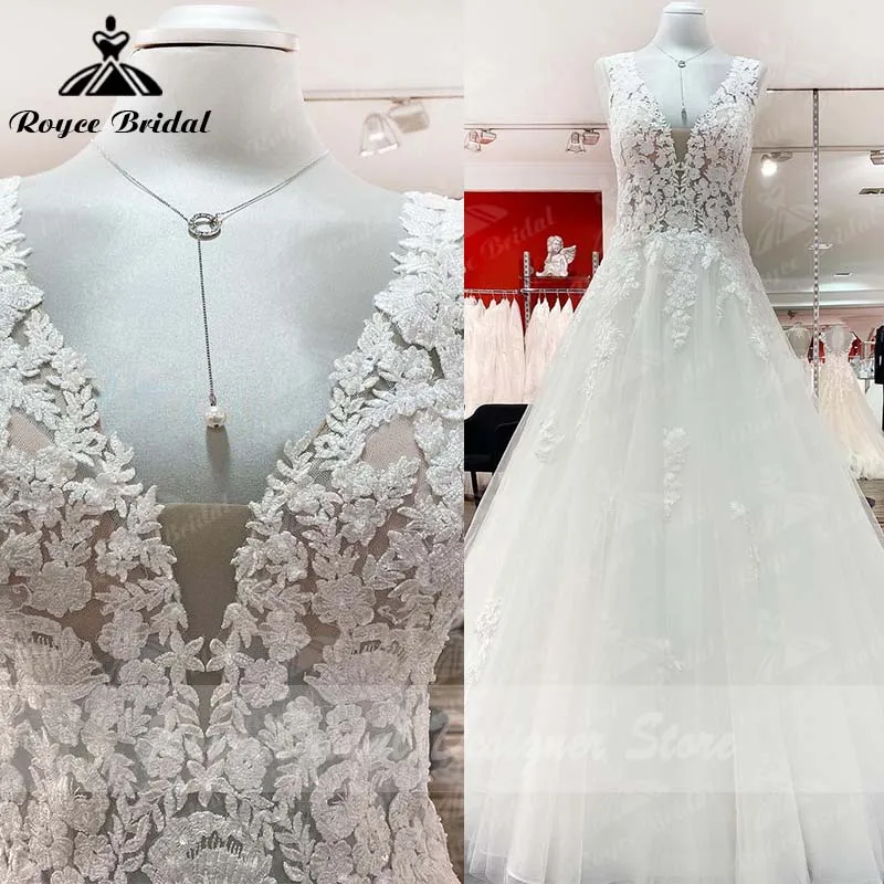 

Chic Boho Wedding Dress V Neck Lace Appliqued Backless A Line Beach Tank Sweep Train Bridal Gown Robe De Mariée Roycebridal 2022