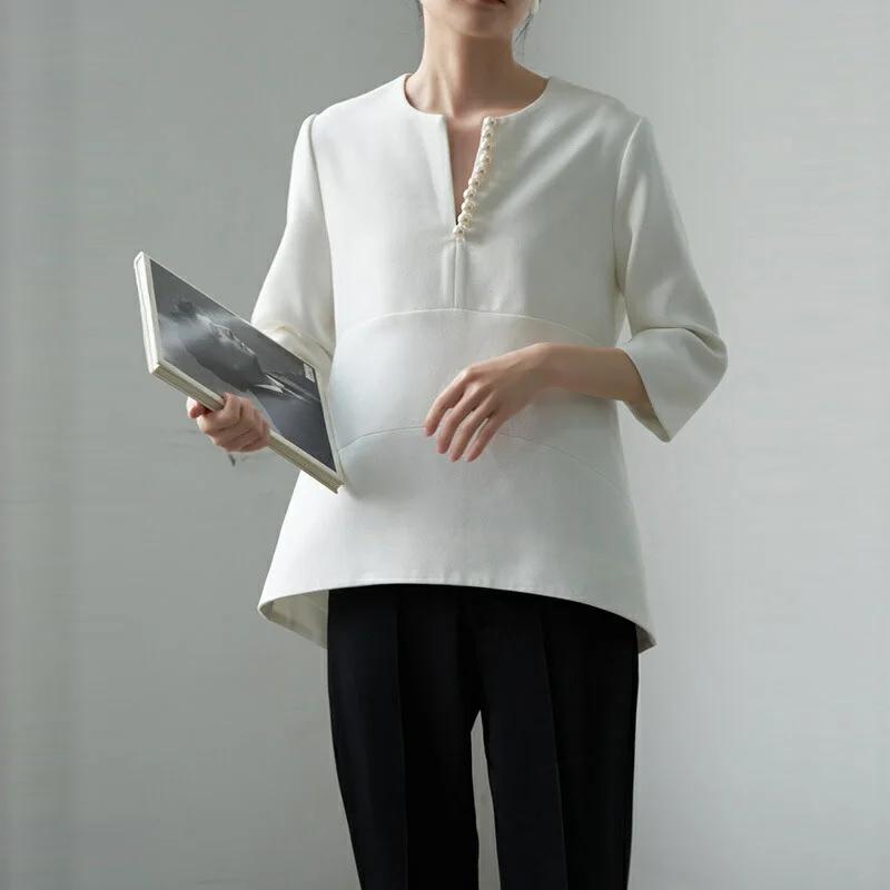 

2022 Women Elegant Solid V Neck Stitching Beaded Tops For Ladies Spring Autumn Long Sleeve Loose Fashion Office Ladies T-Shirts
